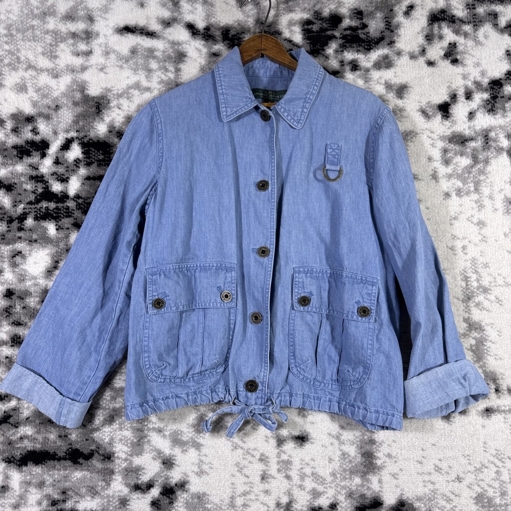 Lauren Jeans Co Jacket Womens Size Medium Blue Cotton Linen Pockets Buckle